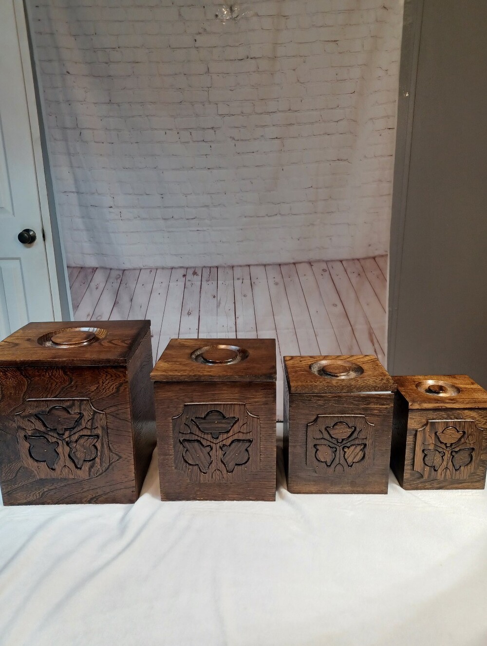 vintage sears 1976 made in japan floral cut out wood 4pc canister set mint - Picture 4 of 16